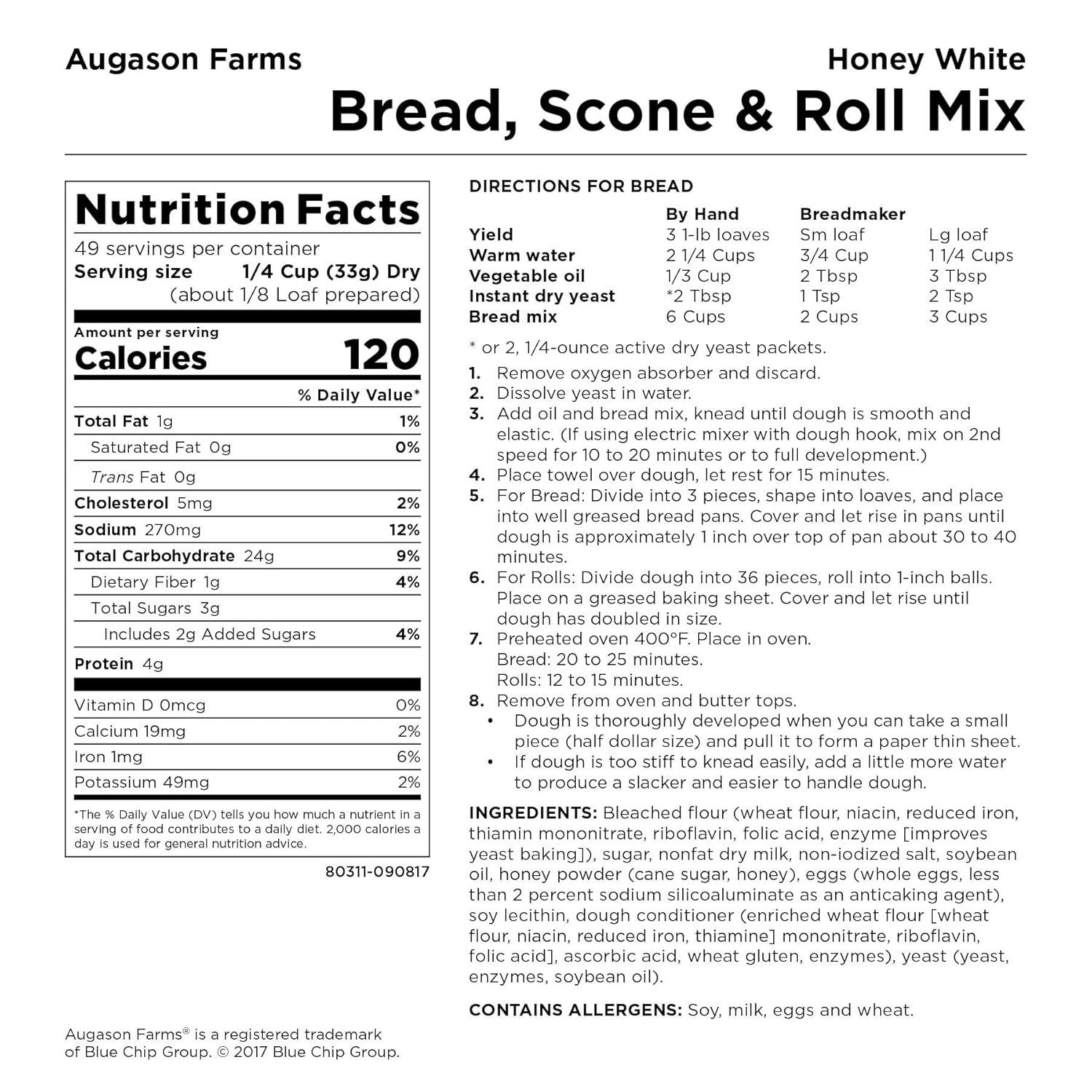image:imageAugason Farms Bread and Roll Mix Can Emergency Food Supply 48 Servings 10 Year Shelf Life Makes 6 Loaves or 72 Bread Rolls for Prepared Meals Ready to EatHoney White Bread