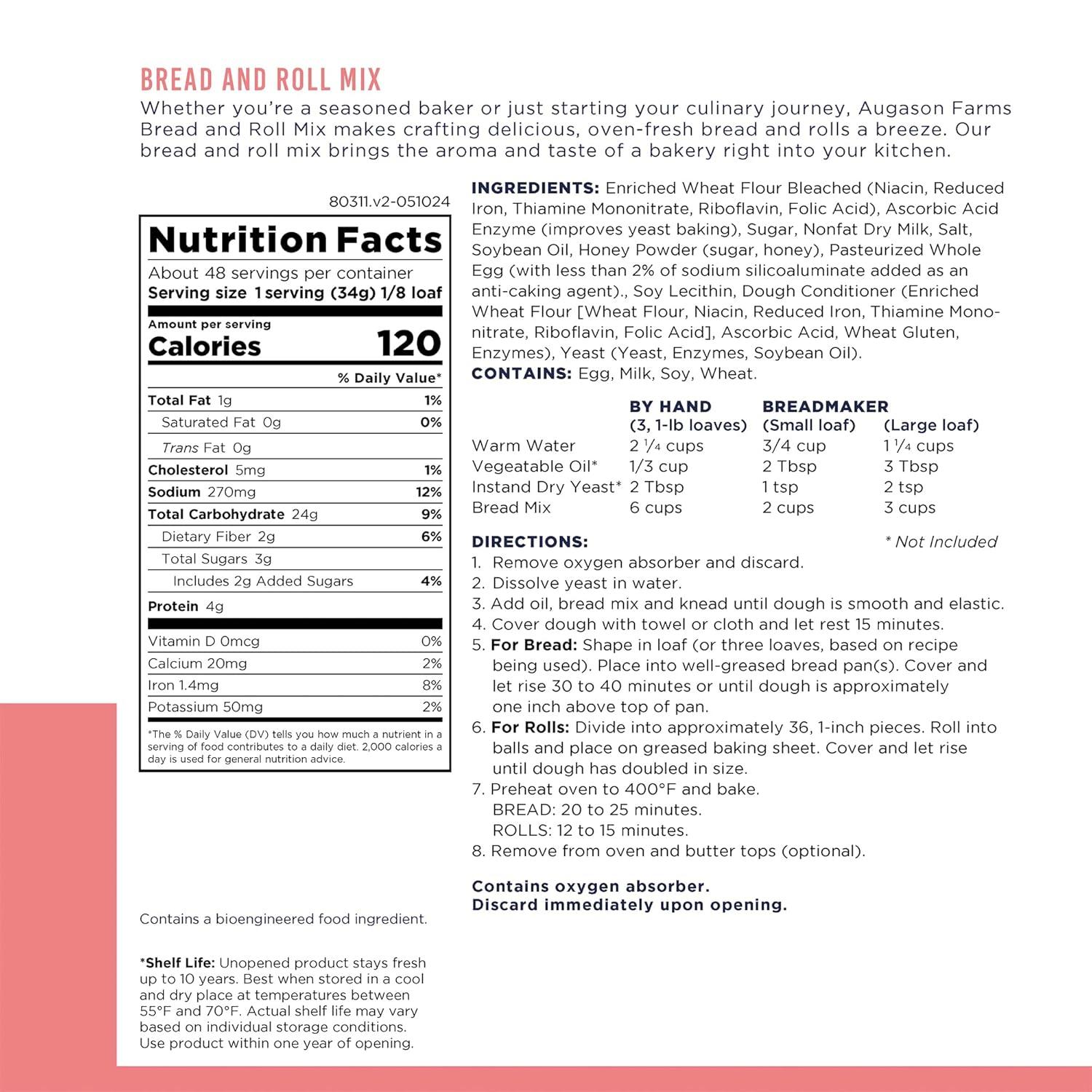 image:imageAugason Farms Bread and Roll Mix Can Emergency Food Supply 48 Servings 10 Year Shelf Life Makes 6 Loaves or 72 Bread Rolls for Prepared Meals Ready to EatHoney White Bread