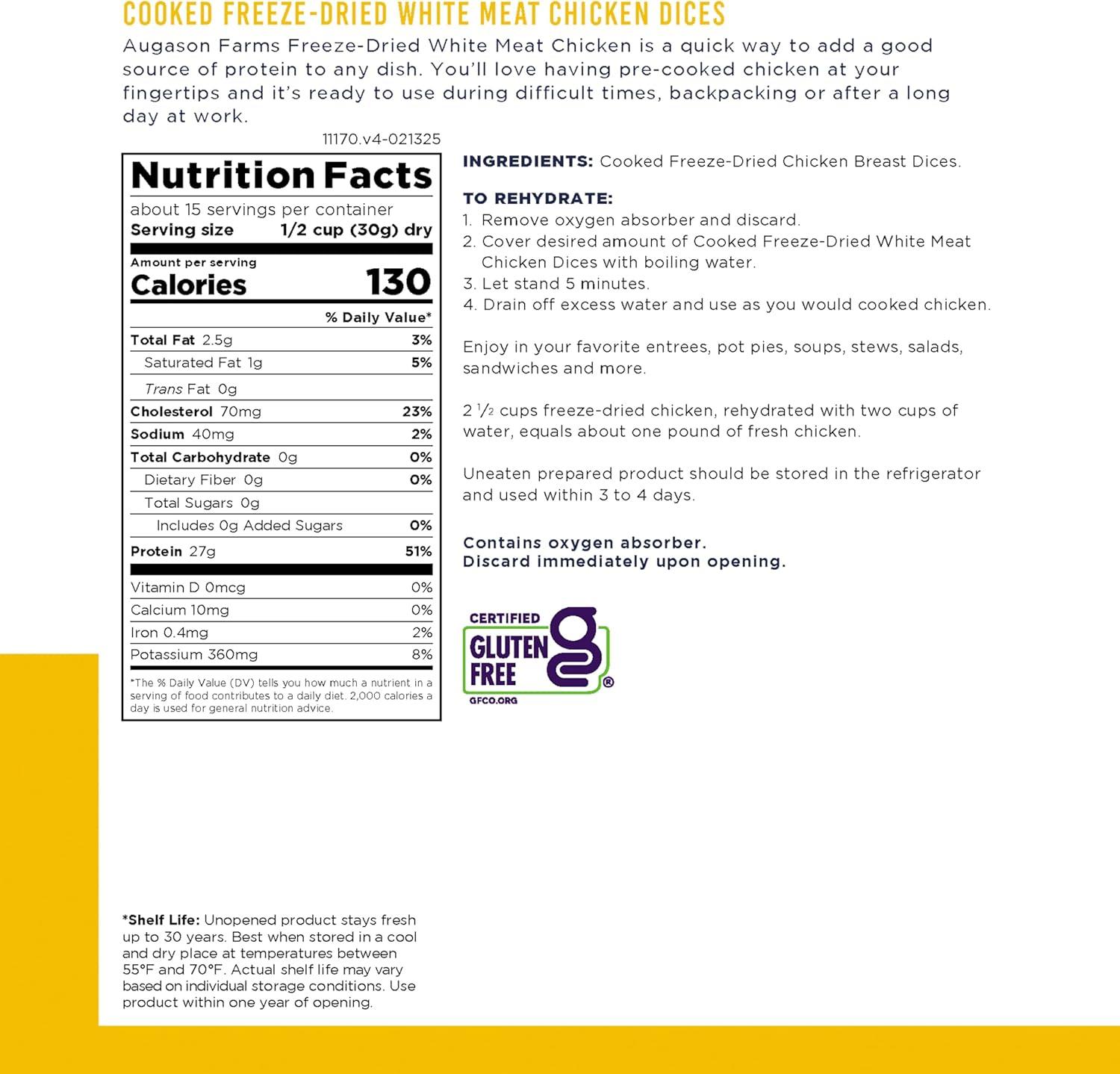 image:imageAugason Farms Cooked Freeze Dried White Meat Chicken Dices Can Emergency Food Supply Everyday Meals 15 Servings