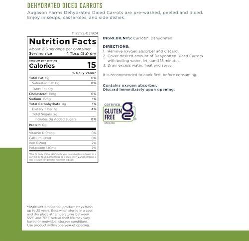 image:imageAugason Farms Dehydrated Diced Carrots Emergency Food Supply 216 Servings 25 Year Shelf Life Great for Cooking Baking and Snacks Dehydrated Meals Survival Food Camping Essentials Can