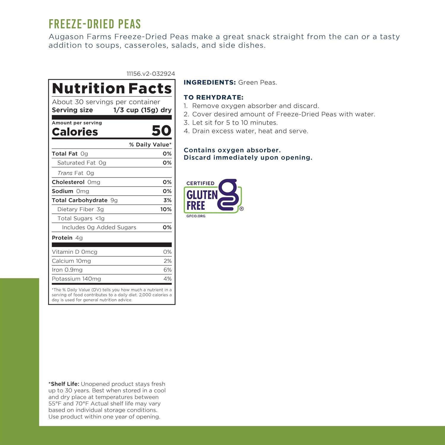 image:imageAugason Farms FreezeDried Peas Emergency Food Supply 30 Servings 30 Year Shelf Life Great for Cooking Side Dishes and Snacks Dehydrated Meals Survival Food Camping Essentials Can16 Ounce Pack of 3