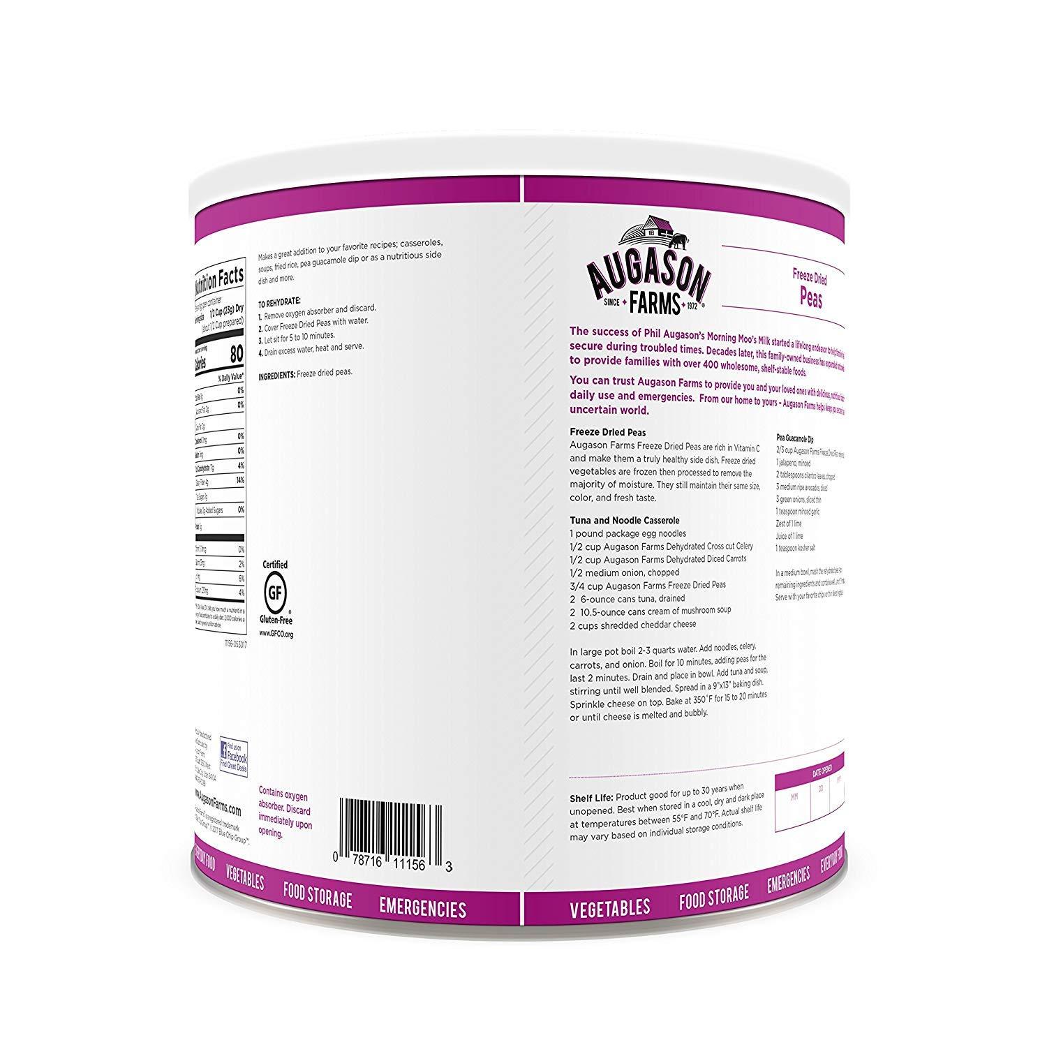 image:imageAugason Farms FreezeDried Peas Emergency Food Supply 30 Servings 30 Year Shelf Life Great for Cooking Side Dishes and Snacks Dehydrated Meals Survival Food Camping Essentials Can16 Ounce Pack of 3