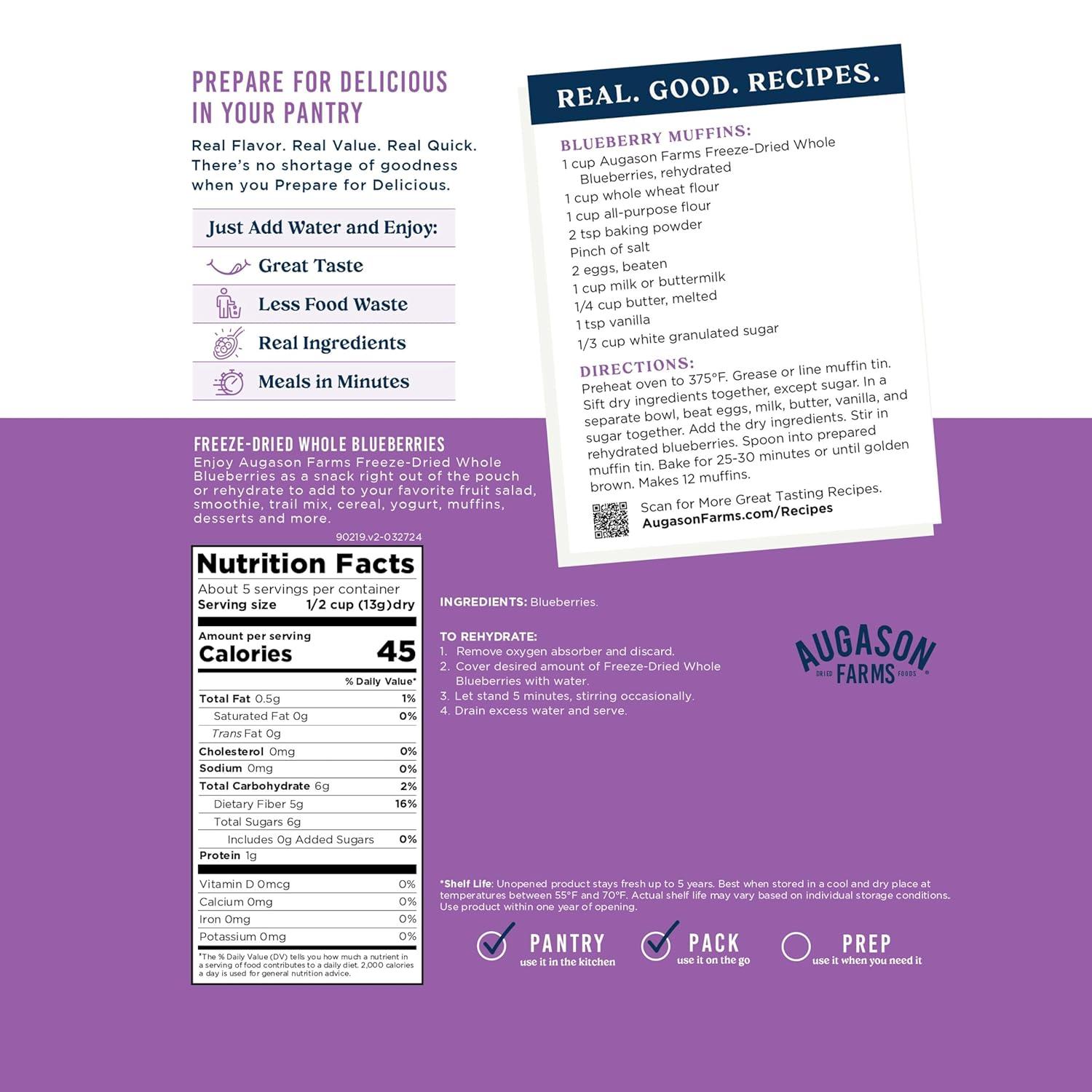 image:imageAugason Farms FreezeDried Whole Blueberries Emergency Food Supply 26 Servings 30 Year Shelf Life Great for Cooking Baking and Snacks Dehydrated Meals Survival Food Camping Essentials CanBlueberries 25 oz