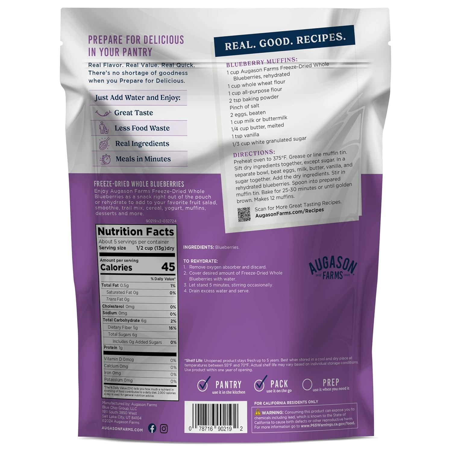 image:imageAugason Farms FreezeDried Whole Blueberries Emergency Food Supply 26 Servings 30 Year Shelf Life Great for Cooking Baking and Snacks Dehydrated Meals Survival Food Camping Essentials CanBlueberries 25 oz