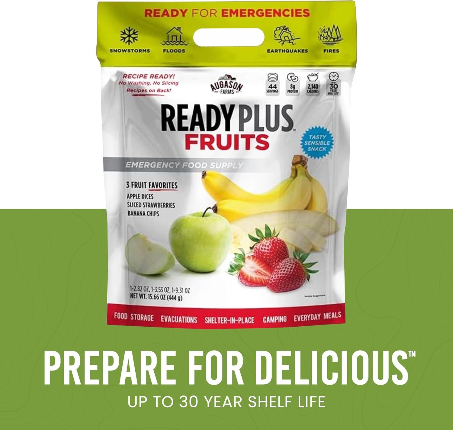 image:imageReadyPlus Fruits Emergency Food Supply 44 Servings 30 Year Shelf Life 8 Grams Protein Total Dehydrated Fruits Camping Essentials Resealable Pouch Freeze Dried Banana Chips Sliced Strawberries and Diced Apple