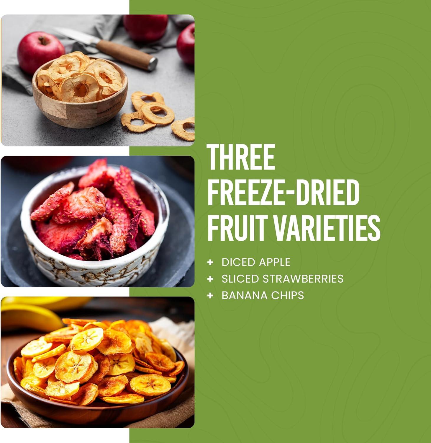 image:imageReadyPlus Fruits Emergency Food Supply 44 Servings 30 Year Shelf Life 8 Grams Protein Total Dehydrated Fruits Camping Essentials Resealable Pouch Freeze Dried Banana Chips Sliced Strawberries and Diced Apple