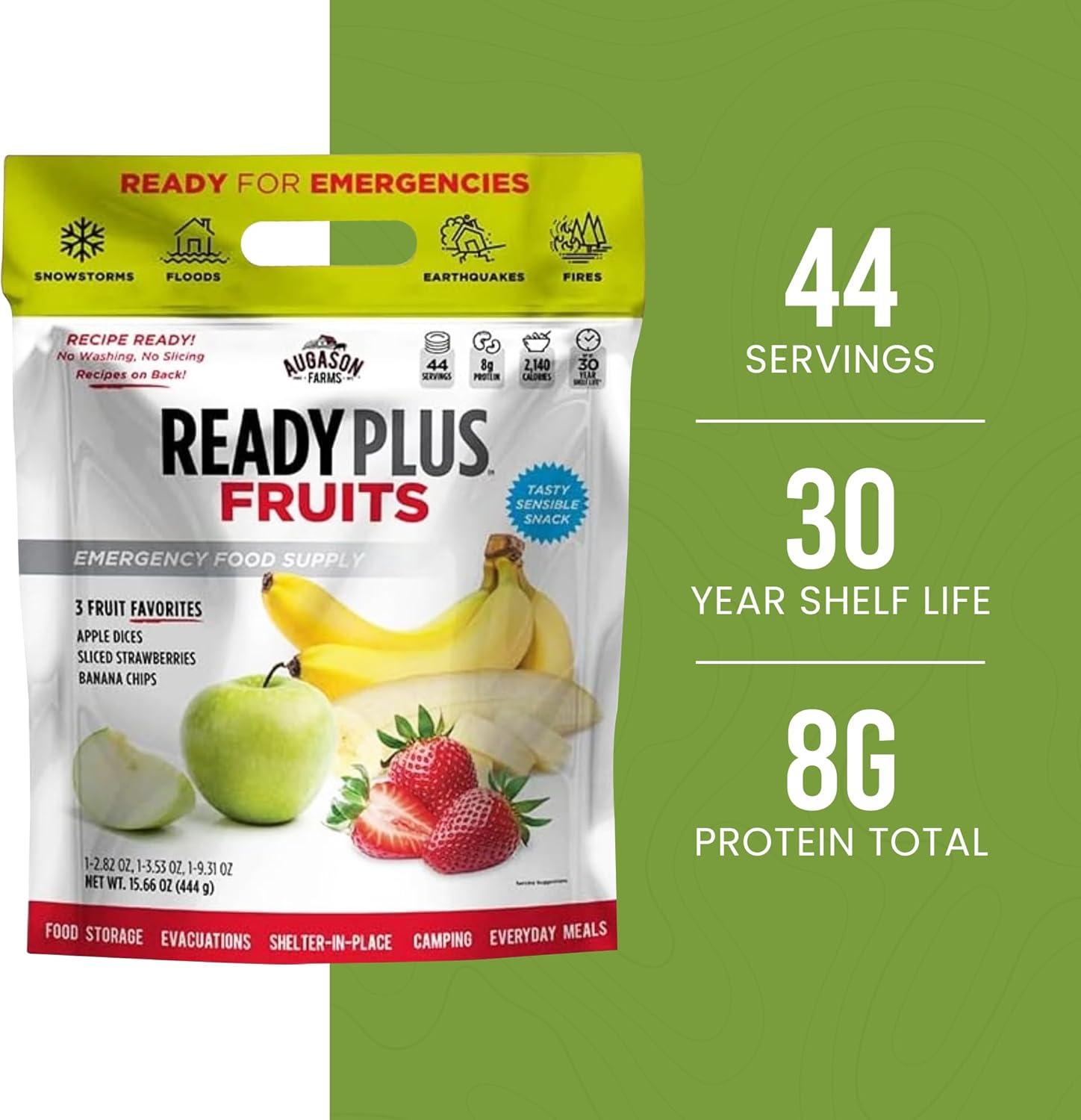 image:imageReadyPlus Fruits Emergency Food Supply 44 Servings 30 Year Shelf Life 8 Grams Protein Total Dehydrated Fruits Camping Essentials Resealable Pouch Freeze Dried Banana Chips Sliced Strawberries and Diced Apple