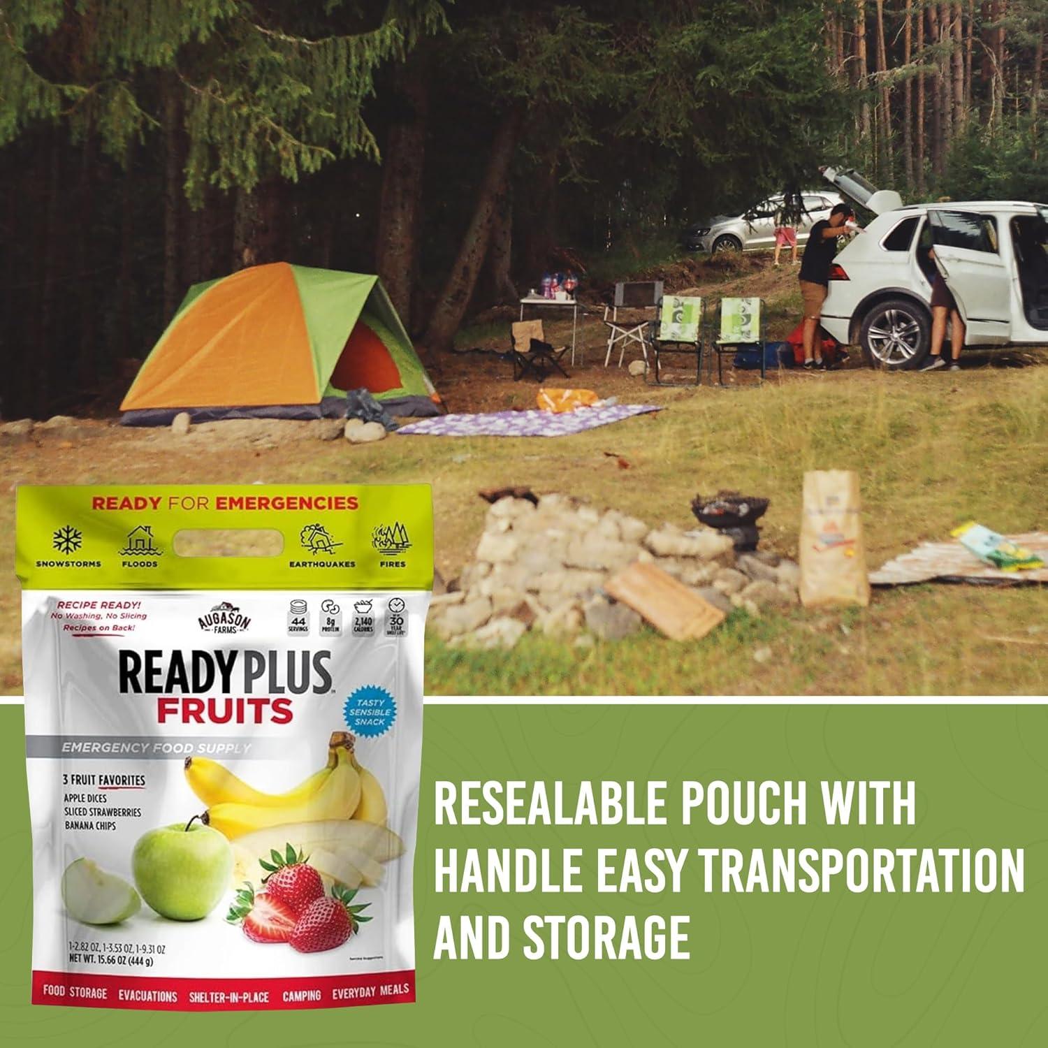 image:imageReadyPlus Fruits Emergency Food Supply 44 Servings 30 Year Shelf Life 8 Grams Protein Total Dehydrated Fruits Camping Essentials Resealable Pouch Freeze Dried Banana Chips Sliced Strawberries and Diced Apple