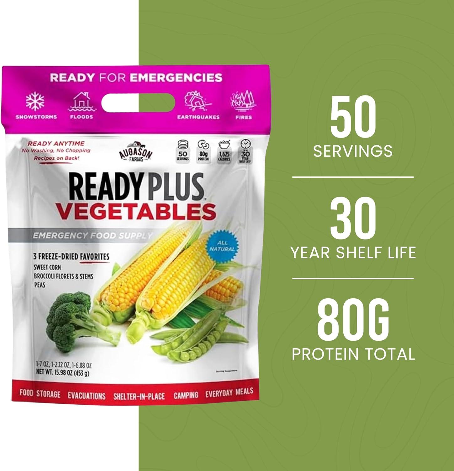 image:imageReadyPlus Vegetables Emergency Food Supply 50 Servings 30 Year Shelf Life 80 Grams Protein Total Dehydrated Vegetables Camping Essentials Resealable Pouch Freeze Dried Broccoli Florets amp Stems Sweet Corn and Peas