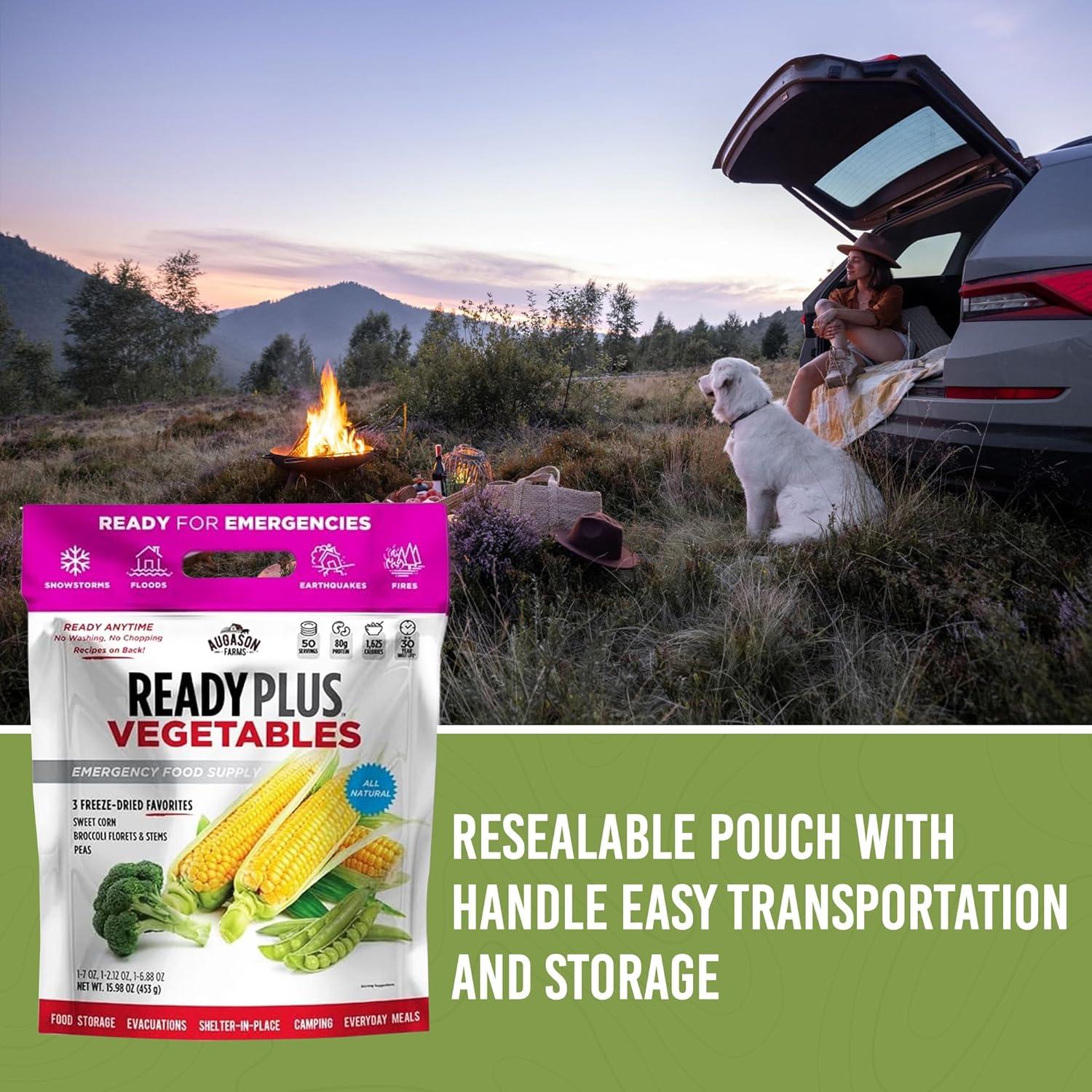 image:imageReadyPlus Vegetables Emergency Food Supply 50 Servings 30 Year Shelf Life 80 Grams Protein Total Dehydrated Vegetables Camping Essentials Resealable Pouch Freeze Dried Broccoli Florets amp Stems Sweet Corn and Peas