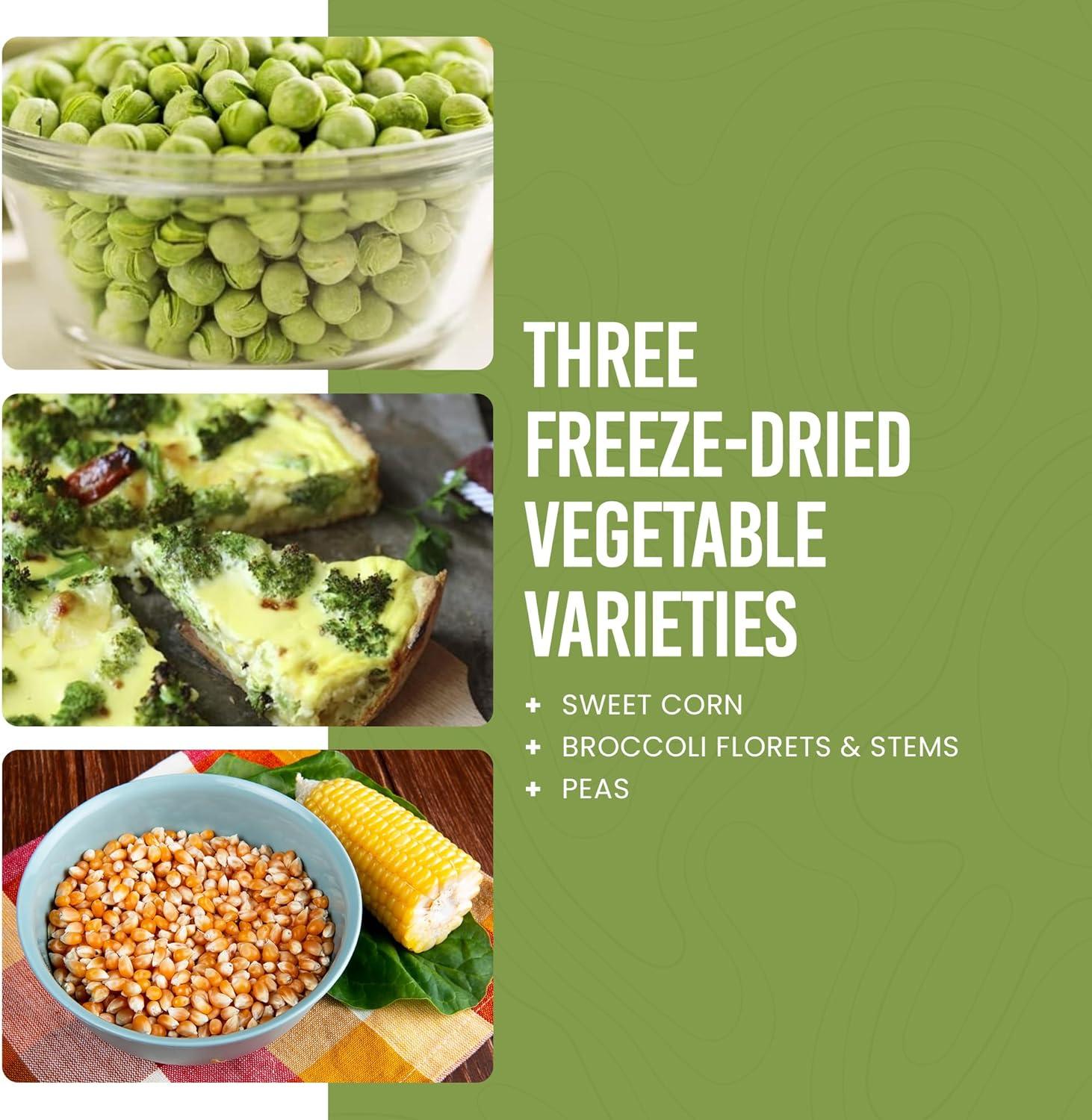 image:imageReadyPlus Vegetables Emergency Food Supply 50 Servings 30 Year Shelf Life 80 Grams Protein Total Dehydrated Vegetables Camping Essentials Resealable Pouch Freeze Dried Broccoli Florets amp Stems Sweet Corn and Peas