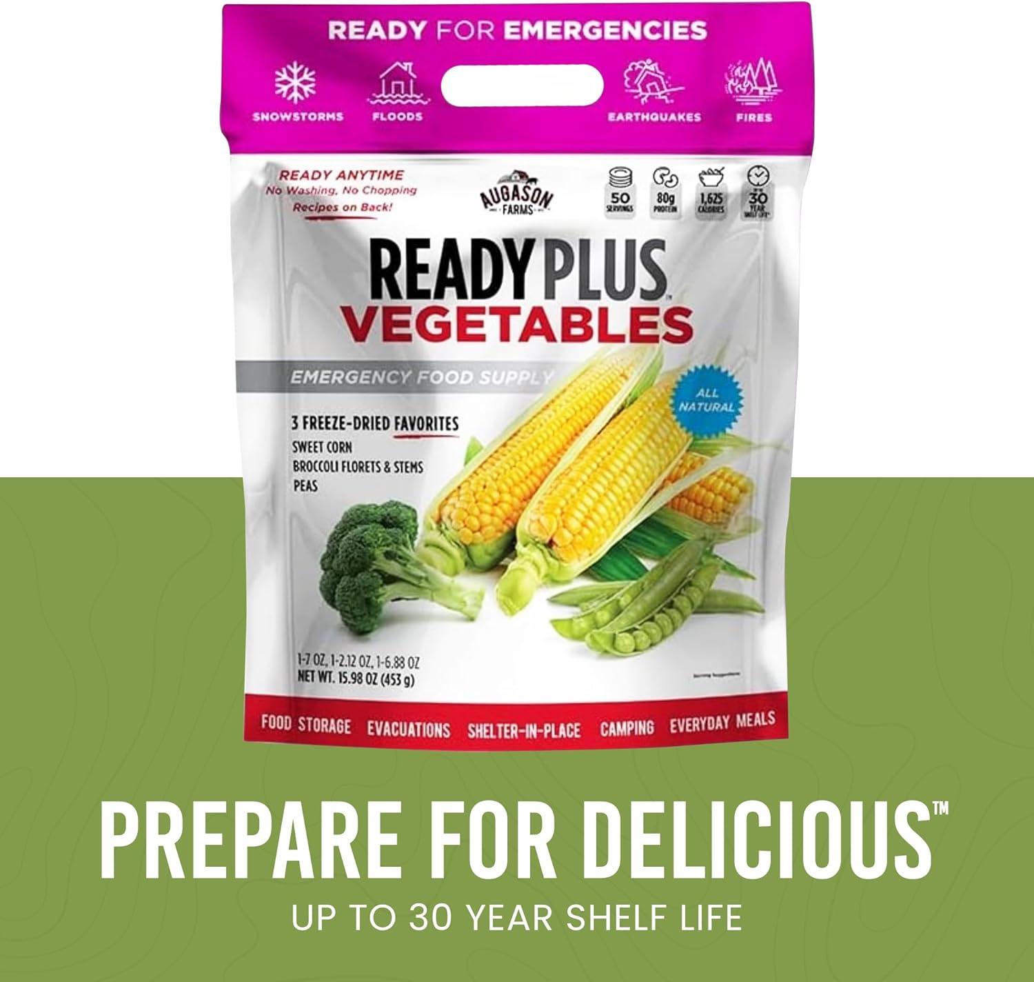 image:imageReadyPlus Vegetables Emergency Food Supply 50 Servings 30 Year Shelf Life 80 Grams Protein Total Dehydrated Vegetables Camping Essentials Resealable Pouch Freeze Dried Broccoli Florets amp Stems Sweet Corn and Peas