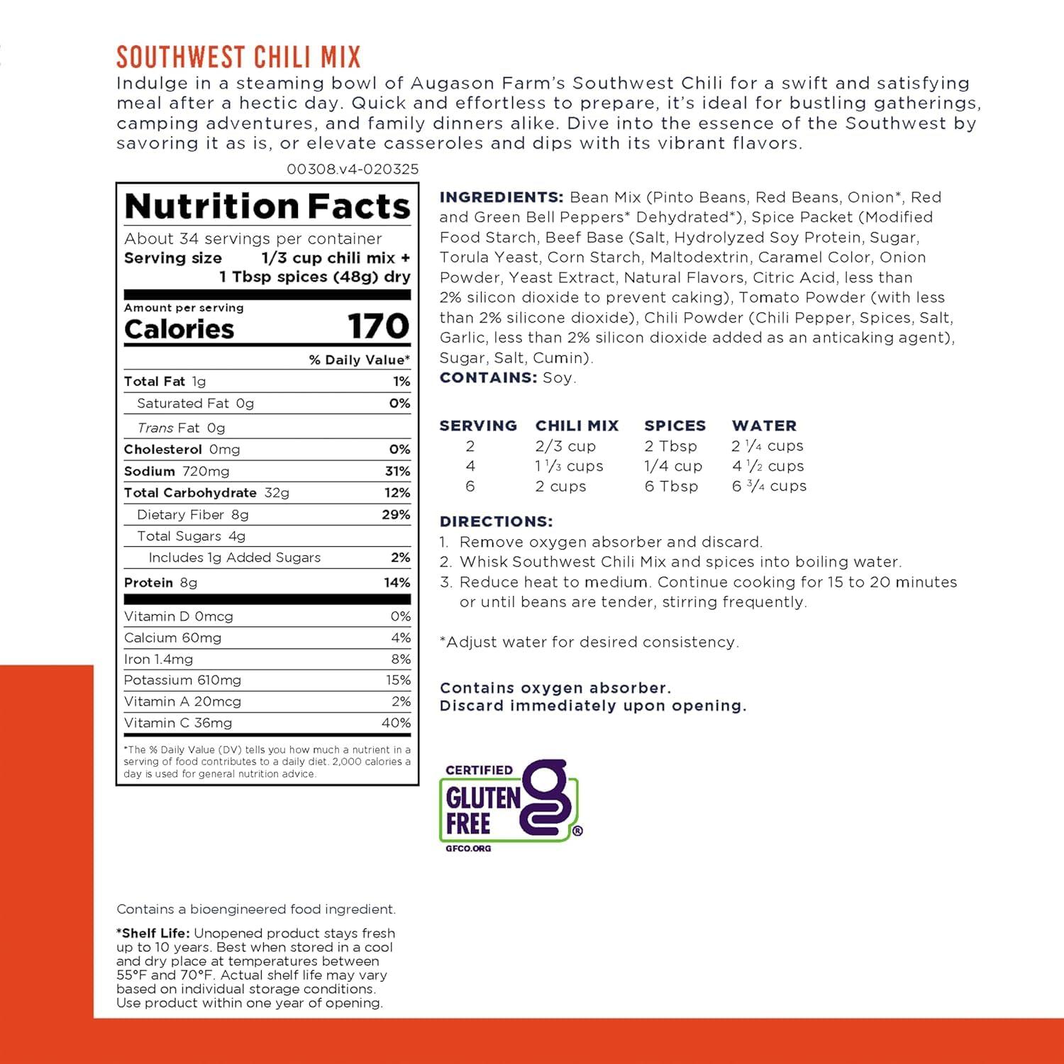 image:imageSouthwest Chili Mix Emergency Food Supply 34 Servings 10 Year Shelf Life 8 Grams of Protein per Serving Certified Gluten Free Dehydrated Meals Survival Food Camping Essentials CanChili Mix Net