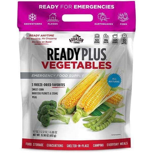 image:imageReadyPlus Vegetables Emergency Food Supply 50 Servings 30 Year Shelf Life 80 Grams Protein Total Dehydrated Vegetables Camping Essentials Resealable Pouch Freeze Dried Broccoli Florets amp Stems Sweet Corn and Peas